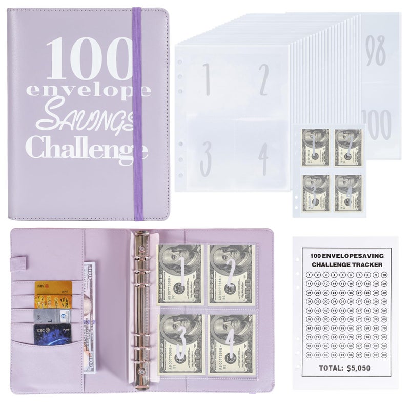 NICOOTH 100 Envelopes Money Saving Challenge Money Saving Binder 100 Envelope Challenge Binder Savings Binder Envelope A5 Savings Challenge Book (Purple) - Image 1